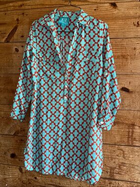 escapada Aqua and Coral Geometric Long-Sleeve Shirt Dress